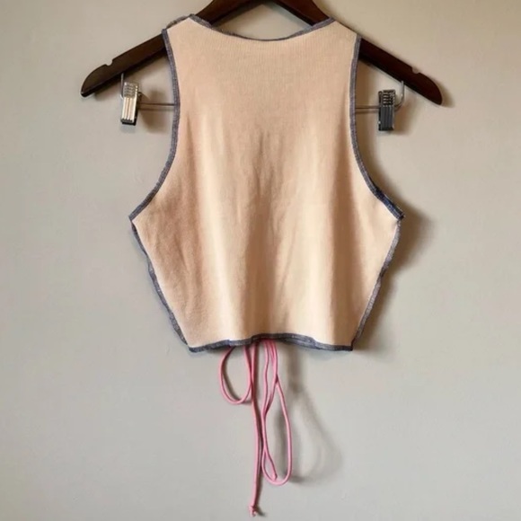 Shein Lace Tie Up Patchwork Cleavage Cropped Sleeveless Crop Tank Top Cream - Picture 6 of 11